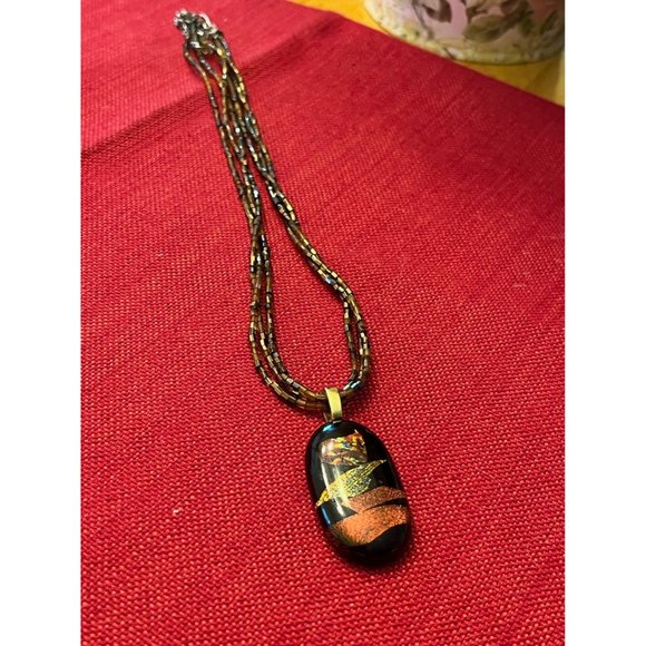 Vintage blown glass pendant with glass seed bead beaded necklace - Picture 3 of 5